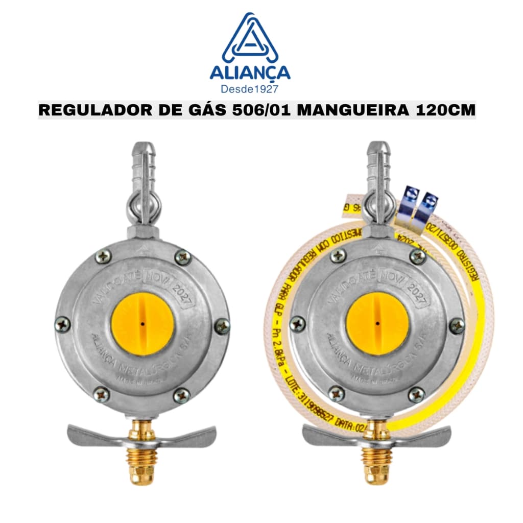Regulador De Gás + Mangueira 120Cm 506/01 Aliança Pressão 2Kg Botijão GLP/13kg