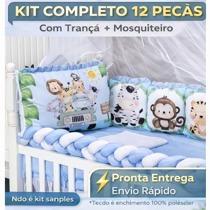 Kit Berço Safari Azul Padrão Americano Almofadinha 12 Peças Completo