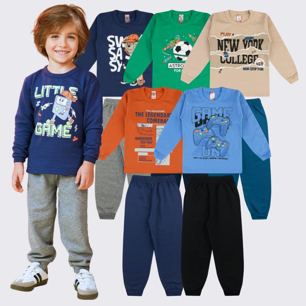 Kit 10 Peças 5 Conjunto Moletom Infantil Menino Roupa Inverno Gola Careca