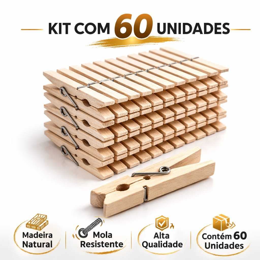 Prendedor de Roupa de Madeira Reforçados Kit com 60 Antideslizantes para Varal