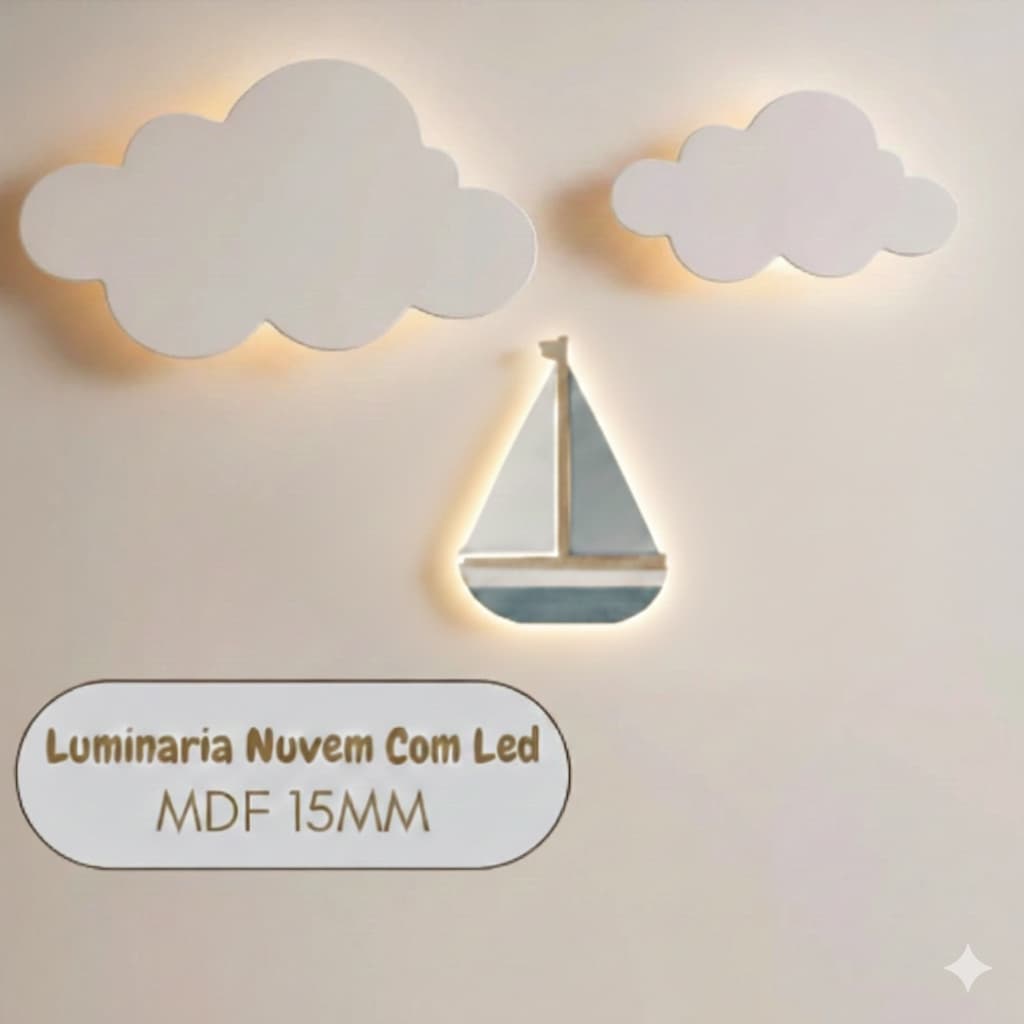Kit Luminária 2 Nuvem 1 Barco Em MDF 15mm Led Branca Quente 3 Peças Envio Imediato