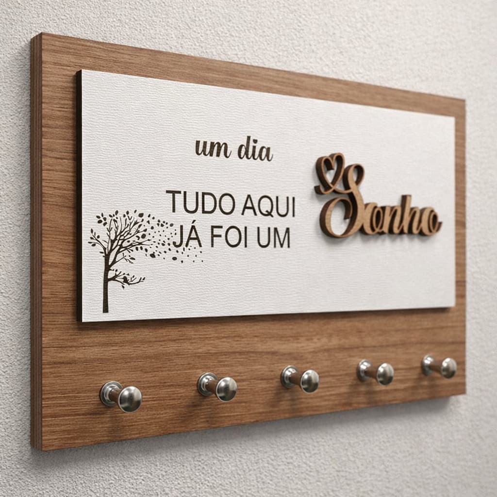Porta Chaves Decorativo em MDF com Frase | Suporte de Parede com Ganchos | Decoração
