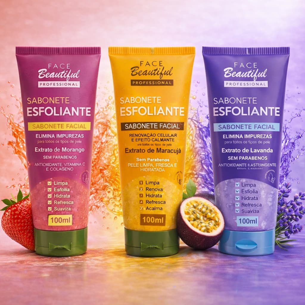 Sabonete Facial Esfoliante Morango Maracuja Face Beautiful 100ml – Limpa, Hidrata e Remove Impurezas