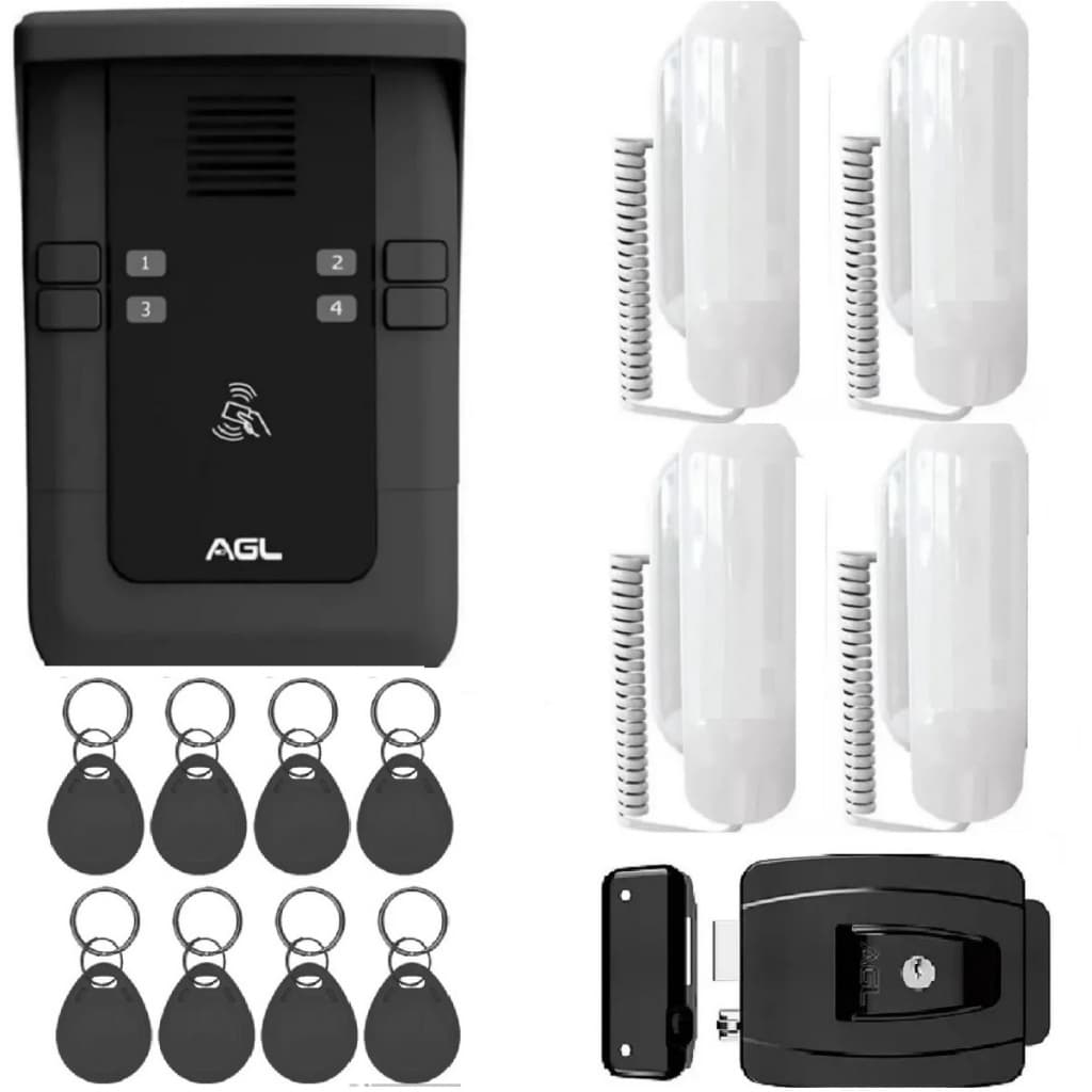 Kit De Porteiro Coletivo S-500 Montado 4 Ponto De Interfones P100 8 Tags e Fechadura Reversível