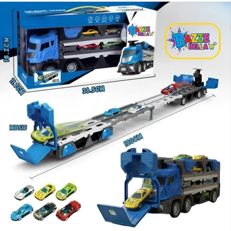 Caminhão Cegonha Com 6 Carrinho Brinquedo Infantil + Lançador E Pista De Corrida Azul Vermelho