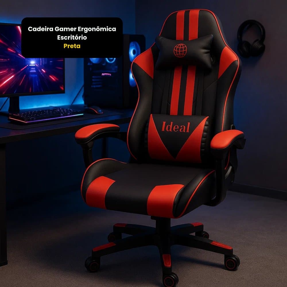 Cadeira Gamer Ergonômica Reclinável Ajustável Conforto Design Preto Durável