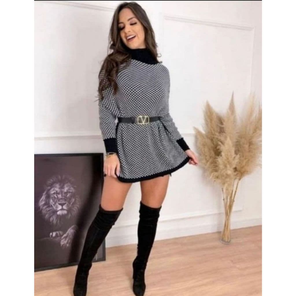 Poncho De Tricot Vestido feminino Estilosa quadriculado Inverno Fenda Lateral