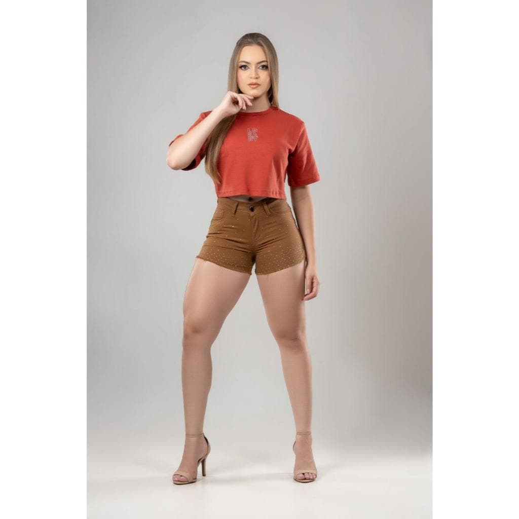 Short Pitbull Feminino Jeans Justo Cintura Alta Modelador Blogueira Trend