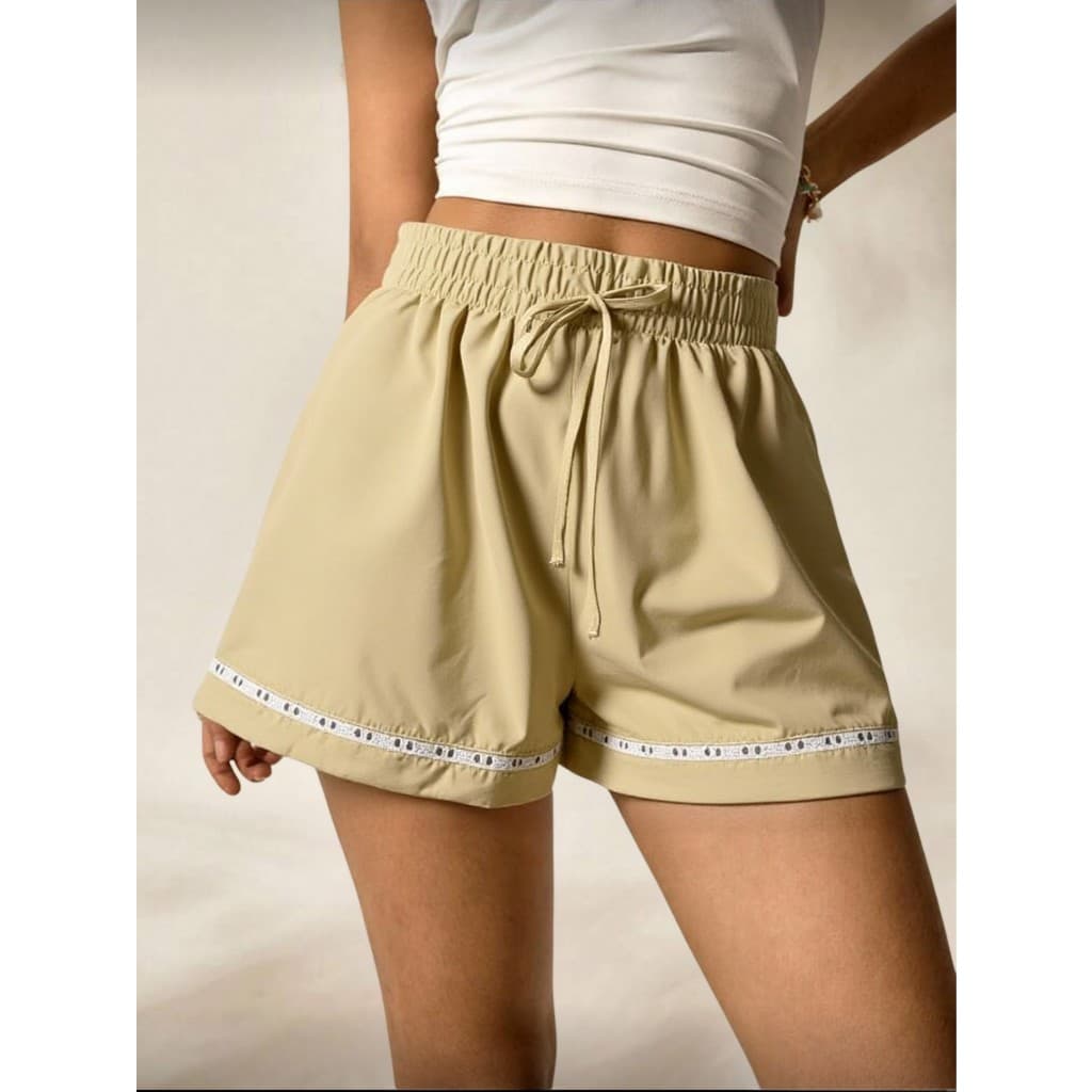 Short Curto Feminina Bordado Viscose Liso Renda Com bolso corda Casa Primavera Verão