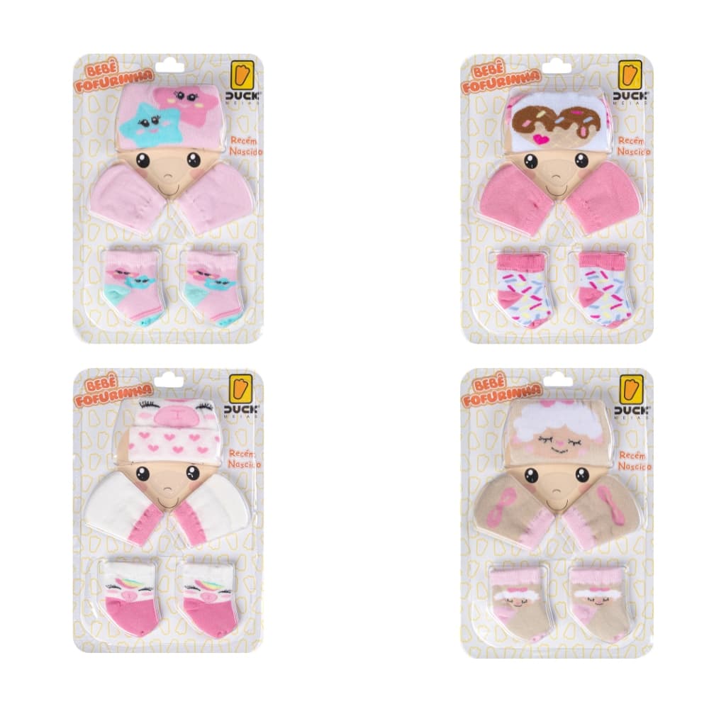 4 Kit Touca Luva e Meia Saida da Maternidade Menina Kit Touca e Luva Bebe Duck
