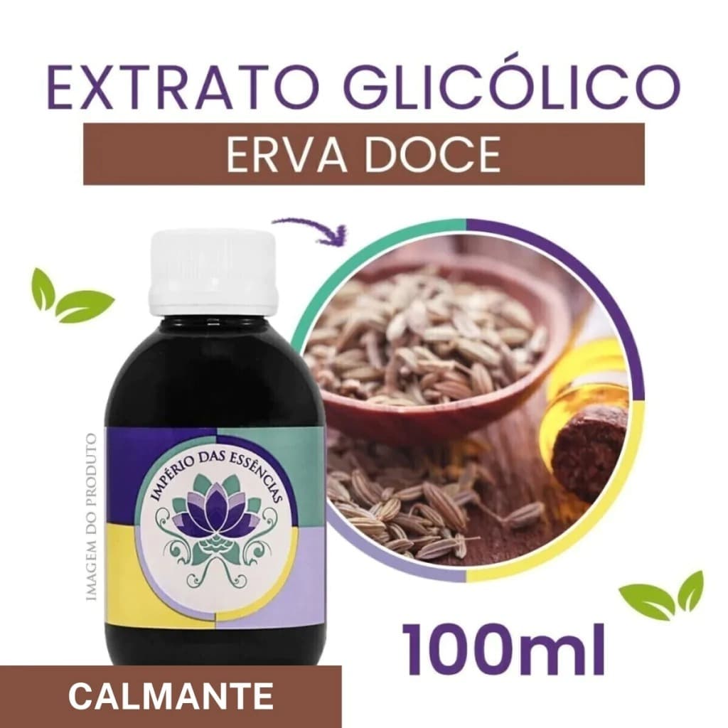 Extrato Glicólico de Erva Doce 100ml refrescante; calmante e anti-séptica, adstringente, analgésica