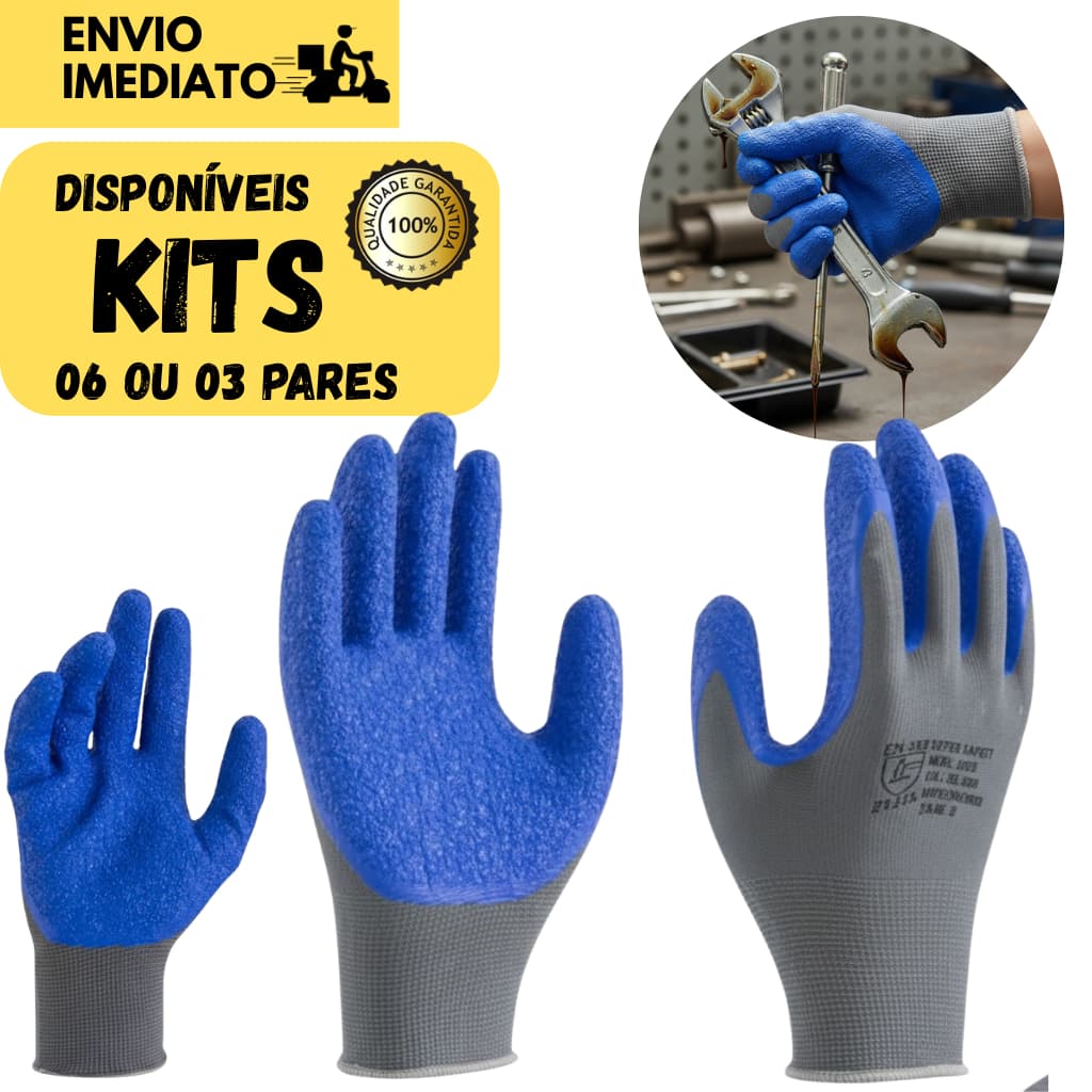 Kits 6 ou 3 Pares Luva Proteção SuperSafety 1005 Látex Ideal para Obras, Jardinagem Serviços Gerais