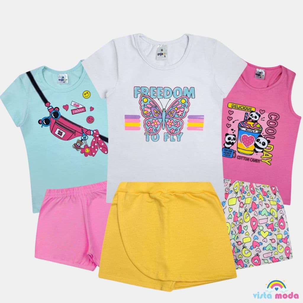 Kit Sortido 6 Roupa Infantil de Verão - 3 Conjuntos Infantil  Para Meninas 3 Blusas E 3 Shorts Conjunto Feminino