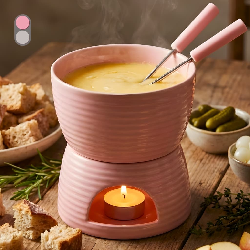 aparelho de fondue p/ duas pessoas, c/ vela, 6 peças, portátil, 2 cores, 400 ml, resistente