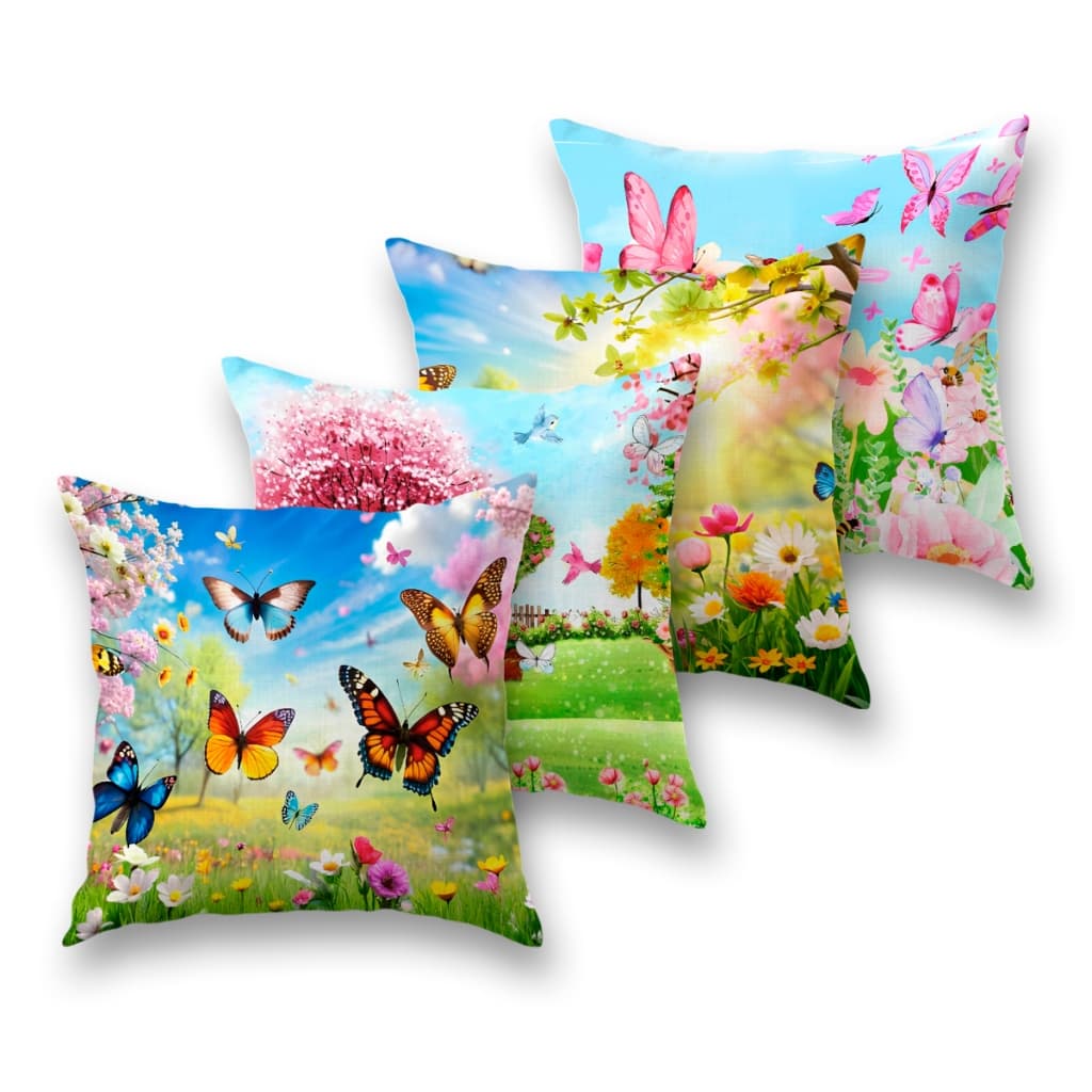 Kit 4 Capas de Almofadas Tema Jardim Encantado Decoração Quarto Sala Oxford - Envio Imediato Borboletas e Flores