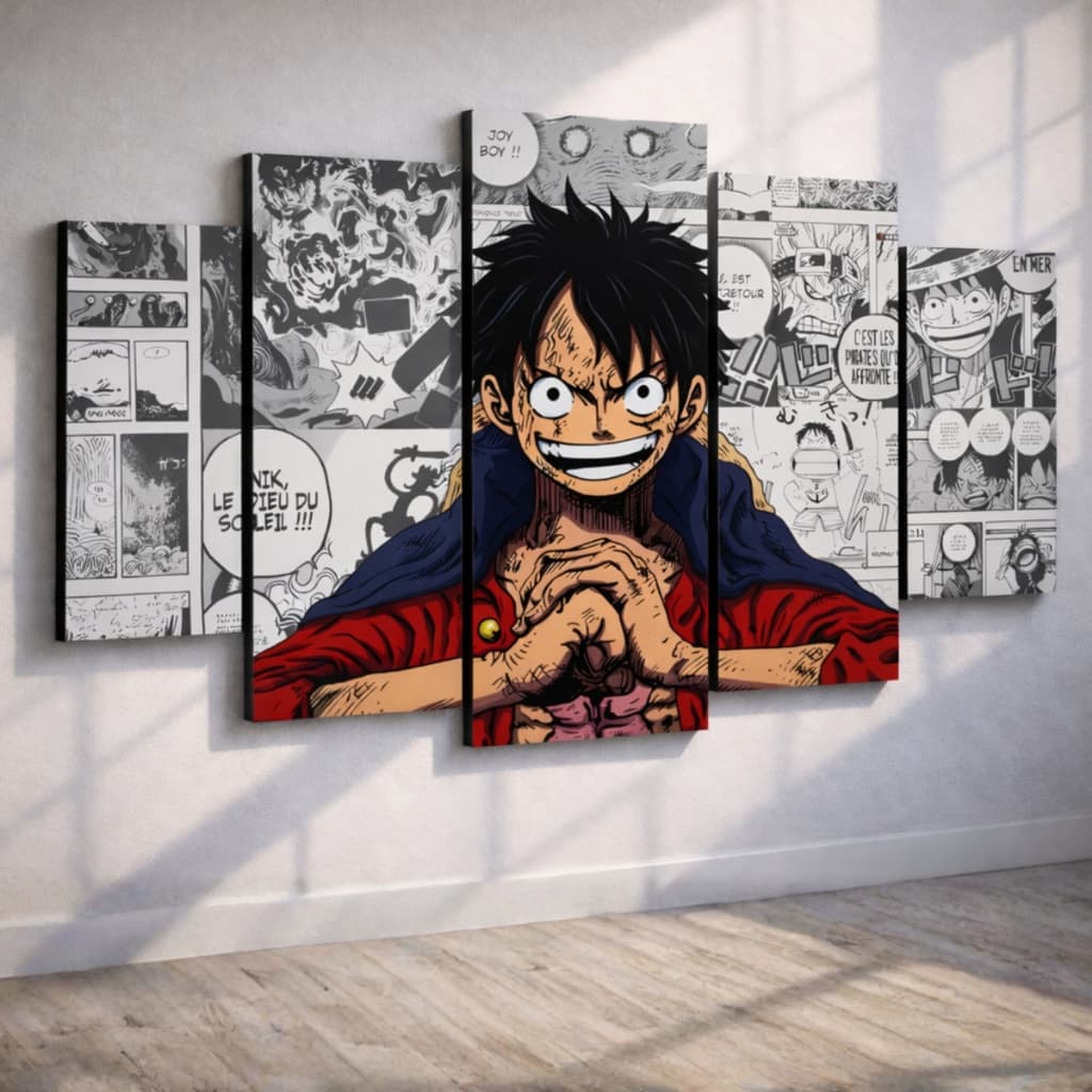 Quadros Decorativos Anime Luffy One Piece Onigashima Kit 5 peças Mosaico Poster Sala Quarto