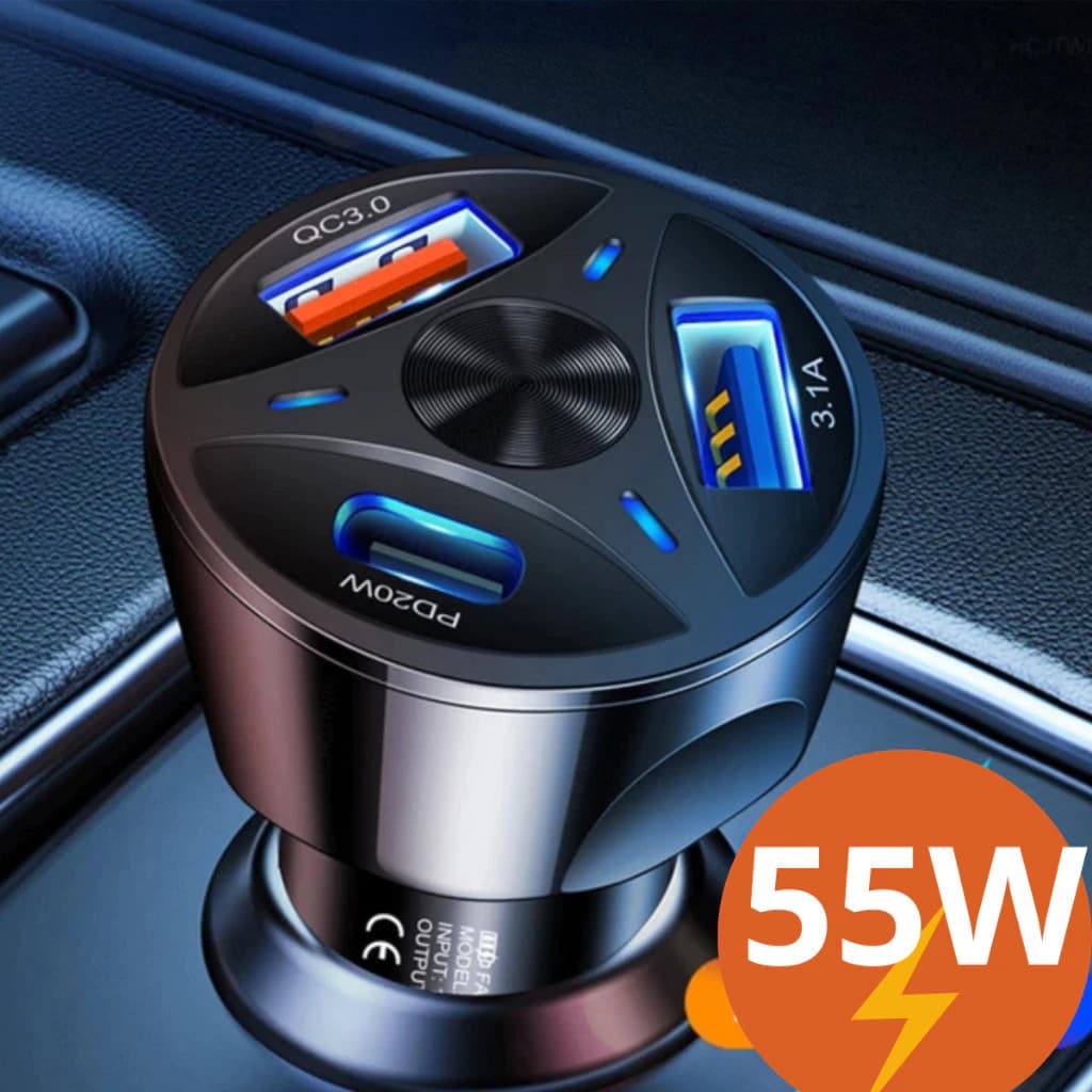 Carregador Veicular Turbo 55W Com 3 Entradas USB 3.1 USB 3.0 USB Tipo C De Carregamento Rápido