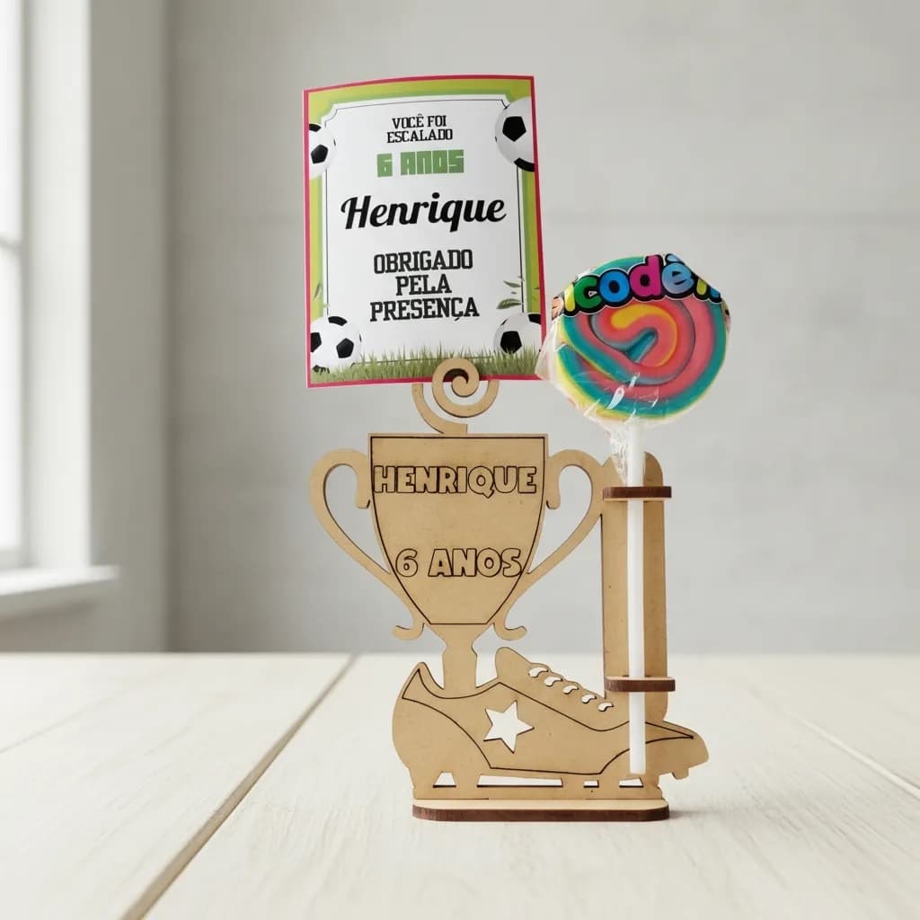 10 Lembrancinha porta Pirulito foto recado chuteira futebol Troféu aniversário personalizados