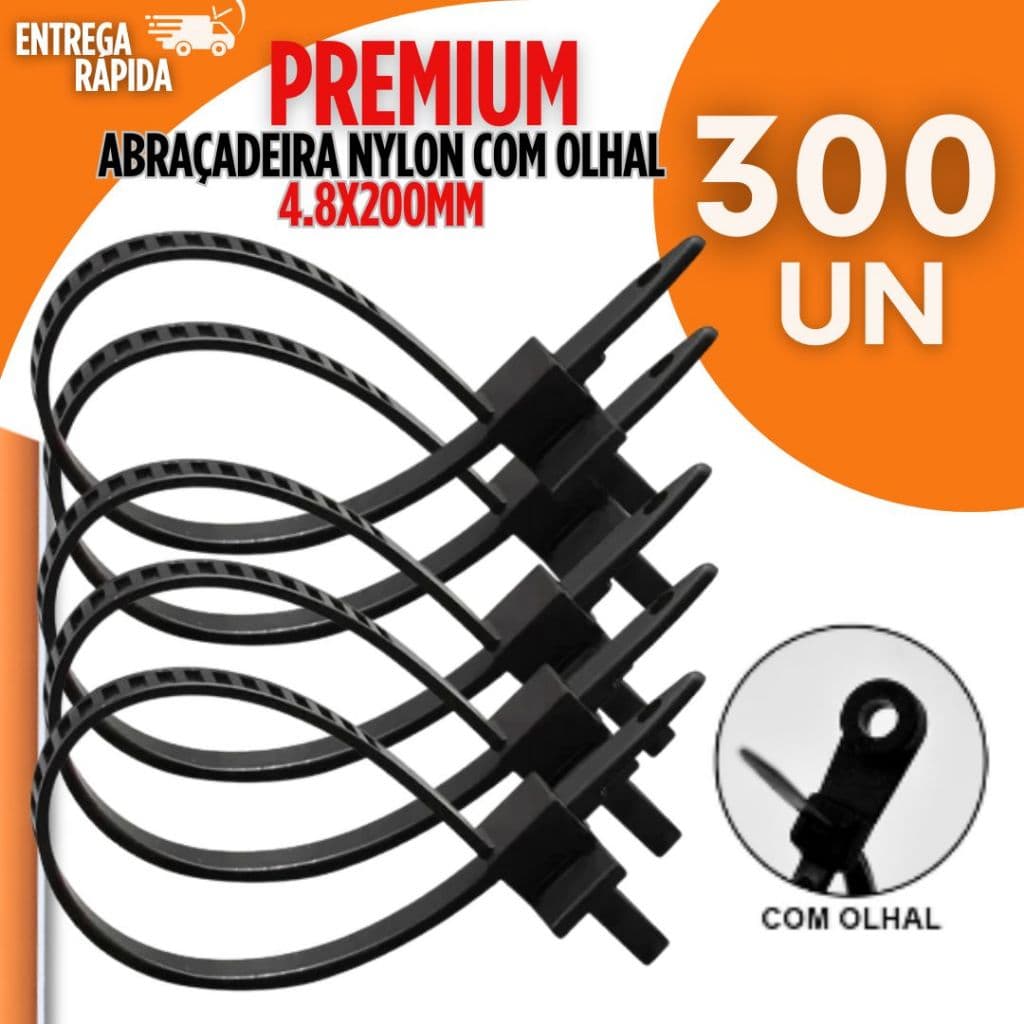 KIT 300 Abraçadeiras Nylon 4,8x200mm Com Olhal Preta Enforca Gato Presilhas Premium Utilidades