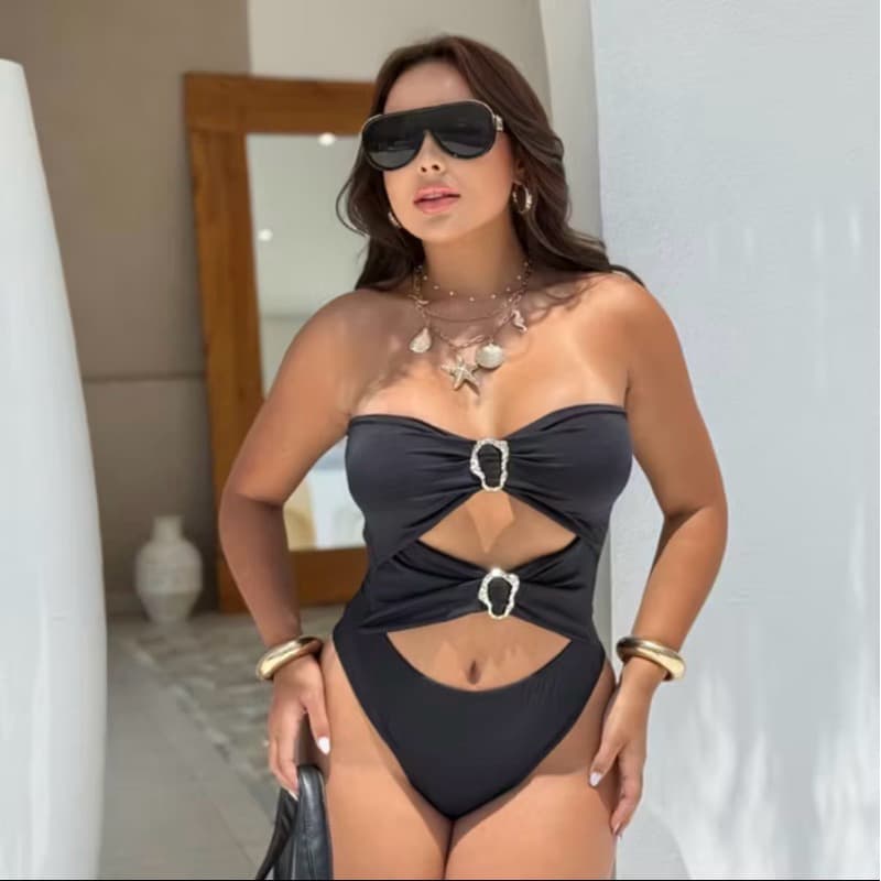 Body Maiô Feminino Preto e Marrom com Recortes e Argolas – Tamanho Único