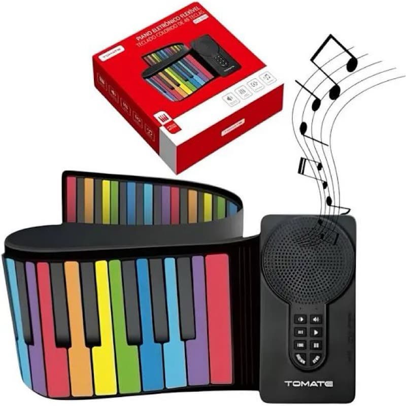 Piano Eletrônico Flexível 49 Teclas Coloridas Recarrregável Portátil Infantil e Adulto Tomate