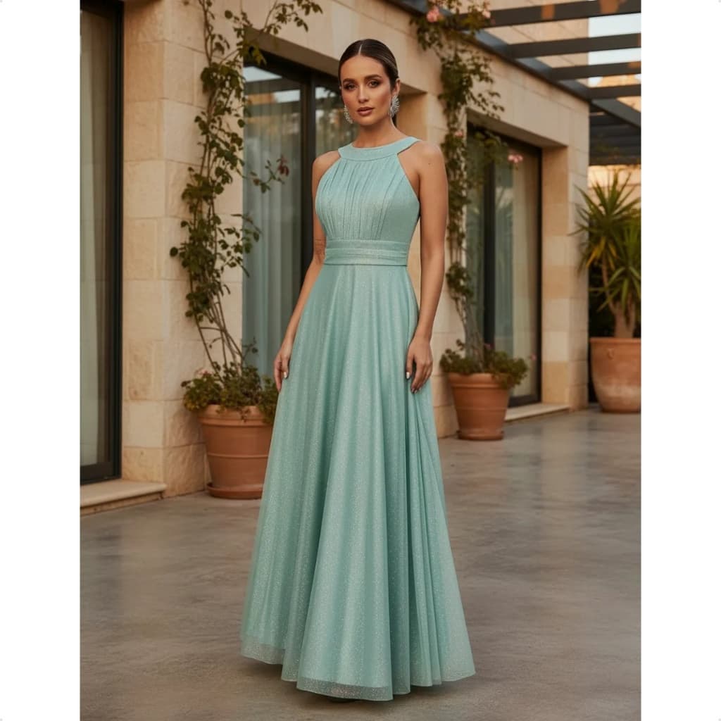 Vestido Longo Festa Casamento Madrinhas Convidadas Formatura Elegante gola halter americana brilho noite