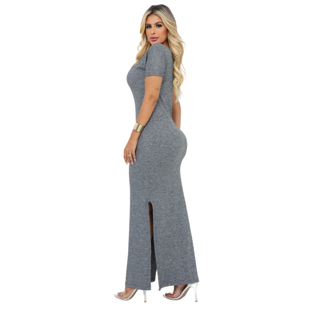Vestido Longo Evangélico Com Manguinhas Tecido Canelado Premium Vestido Eva - Cinza - G