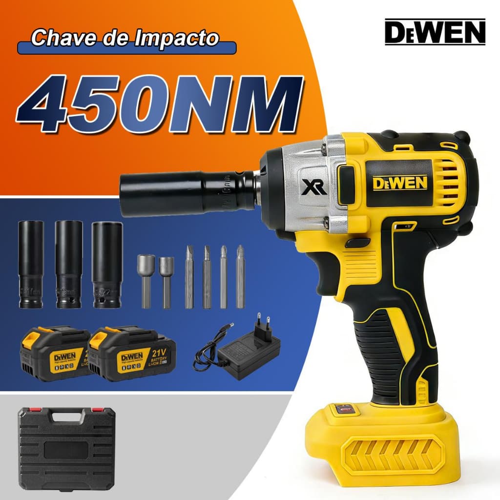 Chave de impacto sem escova 13MM Parafusadeira Chave De Impacto 2 Baterias 21vMotor Brushless 450nm DW115 DEWEN