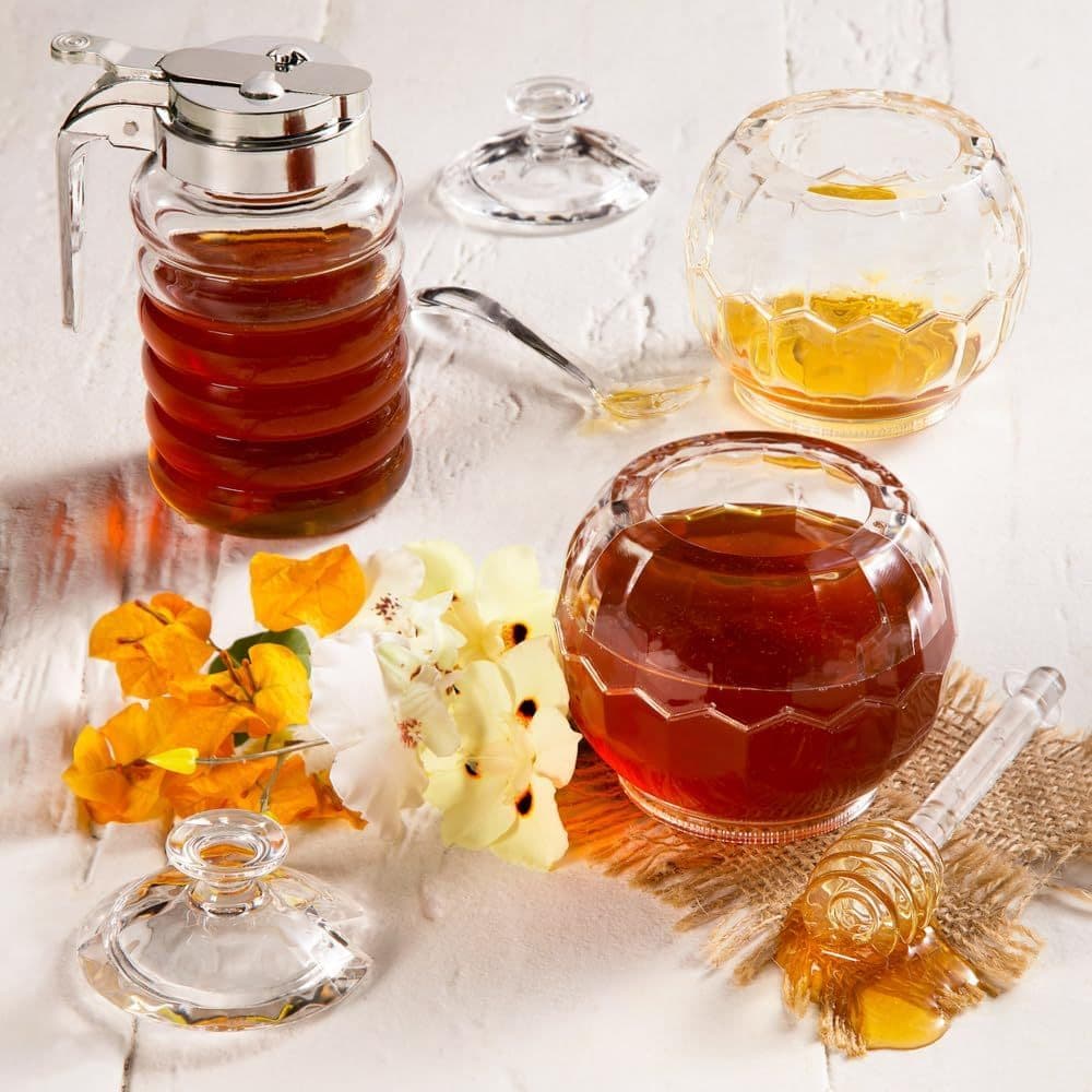 Porta Mel de Vidro com Tampa e Bico Dosador 200ML - Meleira  - Antigota - Mesa Posta - Café Gourmet