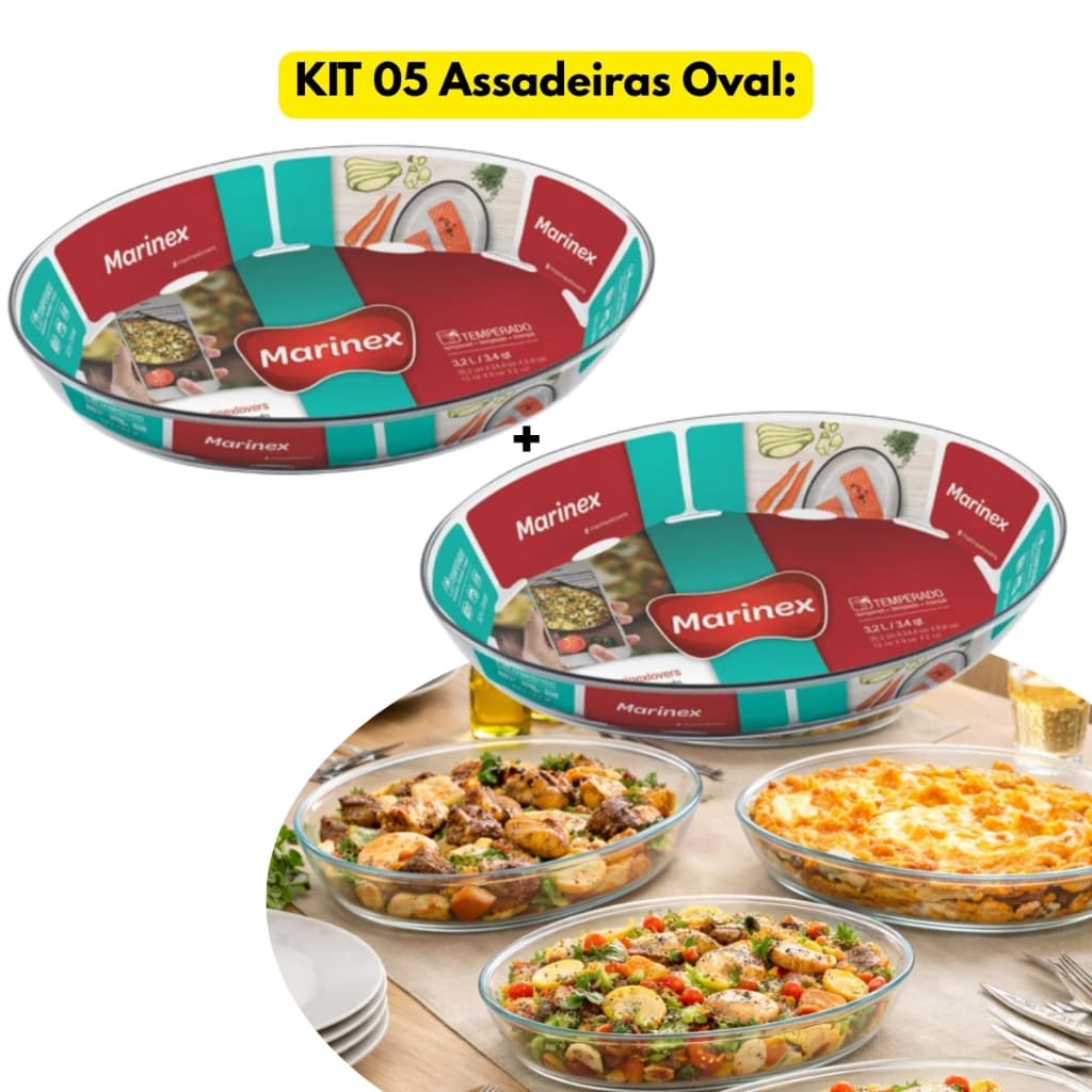 Jogo Kit 05 Assadeiras Lasanheira Oval Vidro Marinex 1,6L Servir Receita Refratário Vasilha Travessa