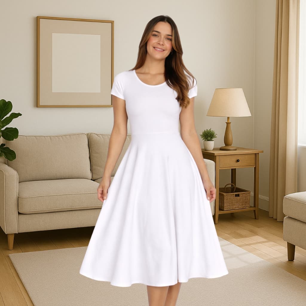 Vestido Godê Rodado Midi Manga Curta Decote Redondo Congresso