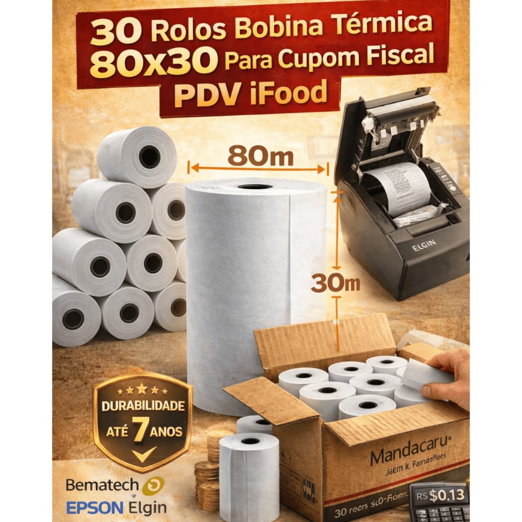 Bobina Térmica cupom fiscal, delivery 80x30 com 30 bobinas