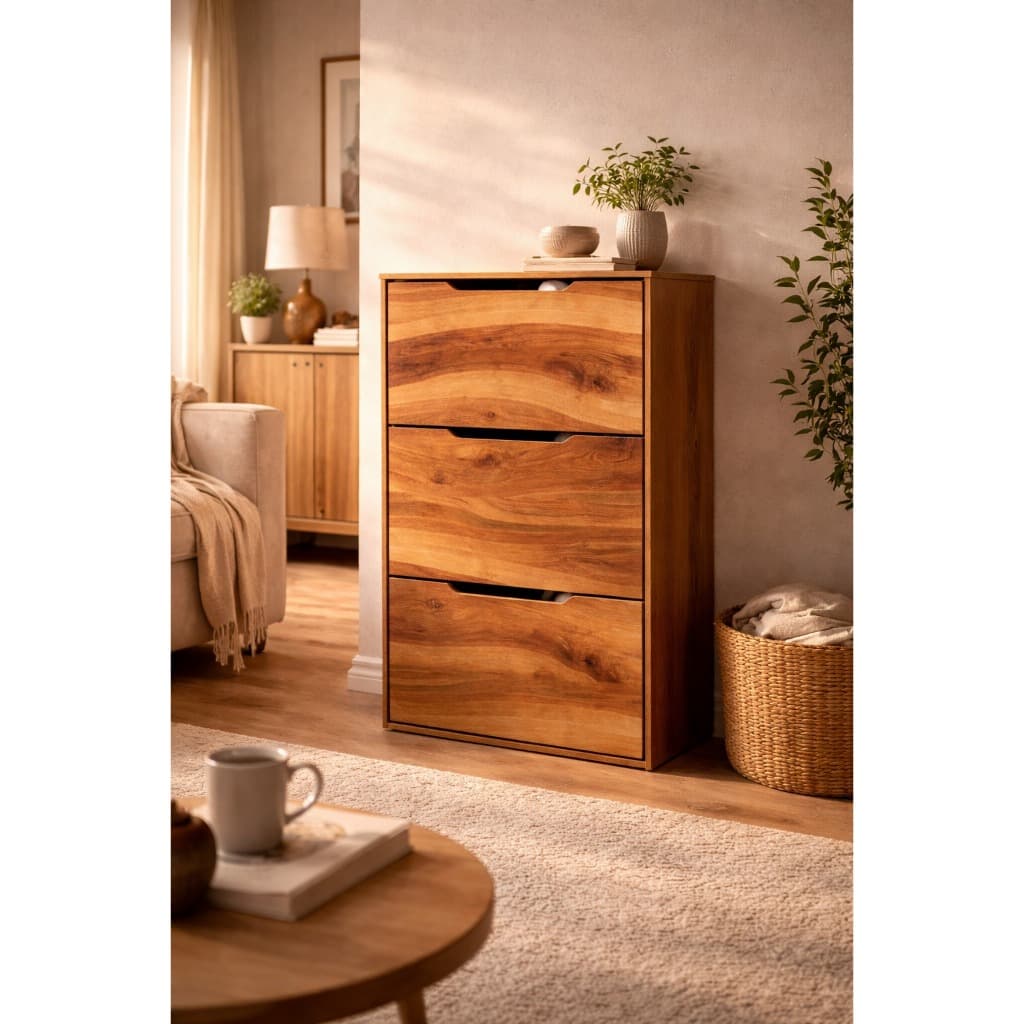 Sapateira Multiuso Retrátil 3 Portas Basculantes para Quarto e Hall Acabamento Em Madeira Natural Veios Orgânicos