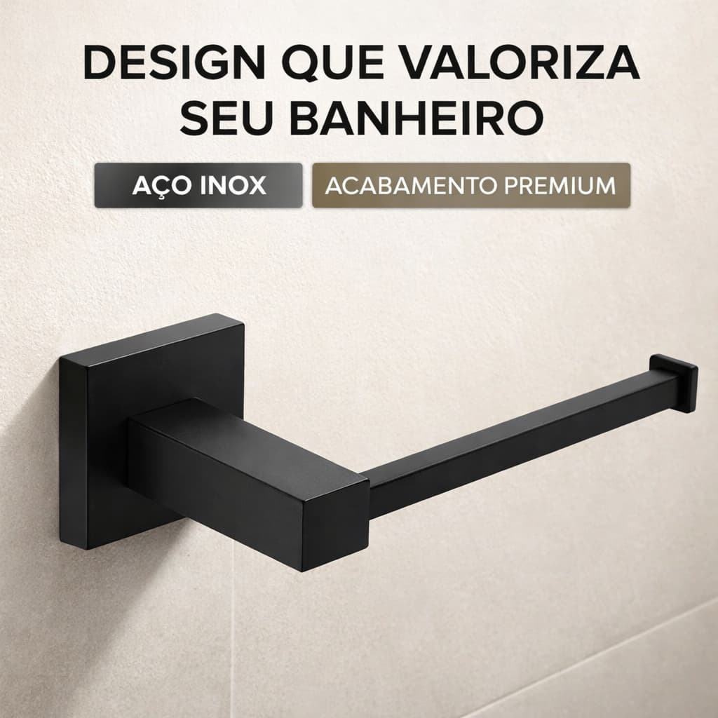 Suporte Papel Higiênico Aço Inox Preto Fixação com Parafuso Resistente à Umidade