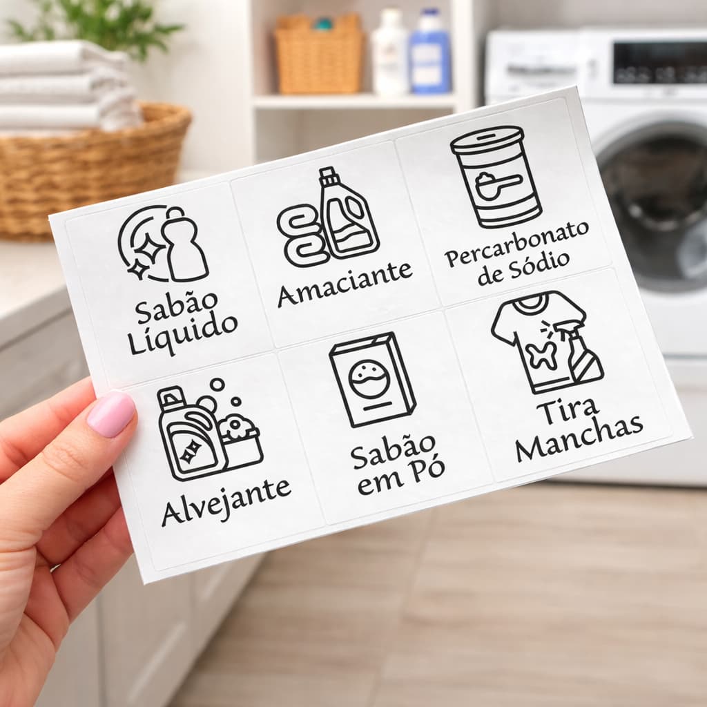 Adesivo Transparente para Lavanderia 7x7cm Sabão Líquido, Sabão em Pó, Amaciante e Tira Manchas