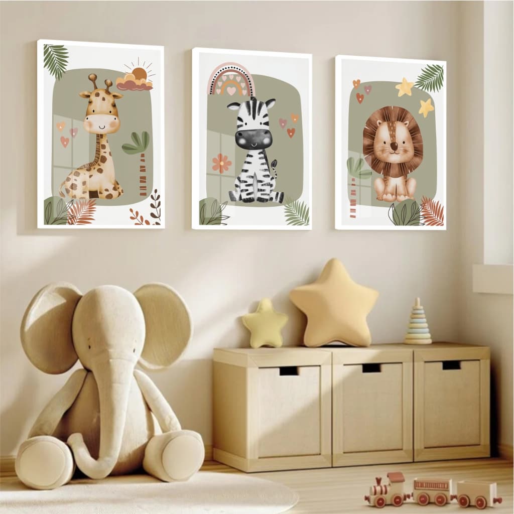 Quadro Moldura e Vidro Kit Três Peças Animais Fofos Safari Zebra Leão Girafa Decoração Quarto Bebê