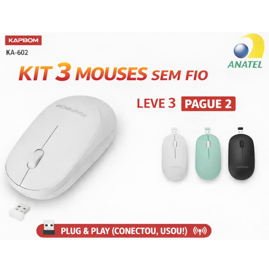 Kit 3x Mouse Sem Fio Kapbom KA-602 Wireless USB 2.4GHz Plug & Play Ergonômico Notebook PC Anatel