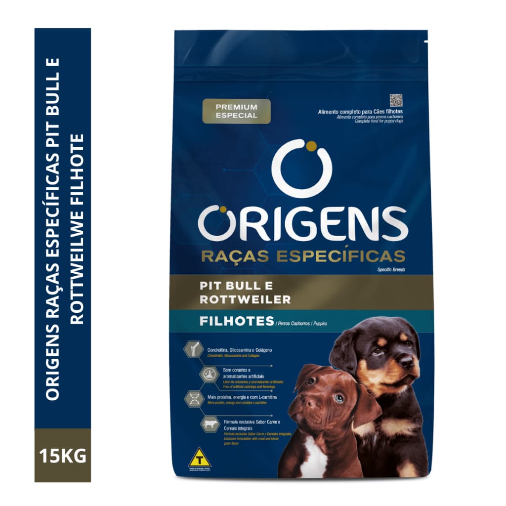 Ração Origens Cães Filhotes Raças Pit Bull E Rottweiler 15kg