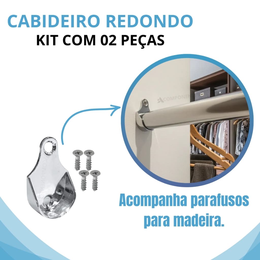 2uni - Suporte lateral para Guarda Roupa Tubo Cabideiro Redondo + 4 Parafusos de Fixaçao
