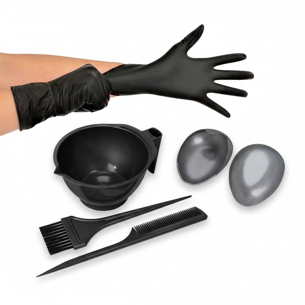 Kit profissional completo para coloração capilar com tigela graduada e acessórios pretos resistentes