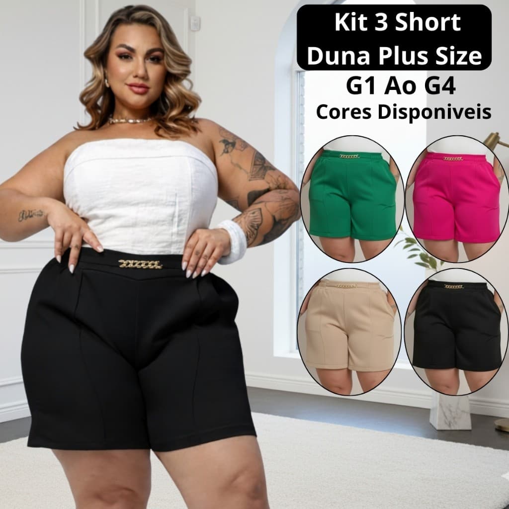 Kit 3 Short Alfaiataria Feminino Plus Size Social Elegante Dia a Dia Cós Elástico G1 Ao G4