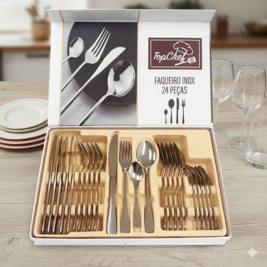 Jogo Talheres 24 Pecas Em Aco Inox - Talher Refeicao Completo Duravel