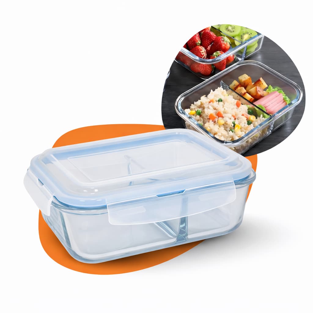 Pote Marmita Retangular Hermético Com Divisória Vidro 1520ml Transparente Para Microondas