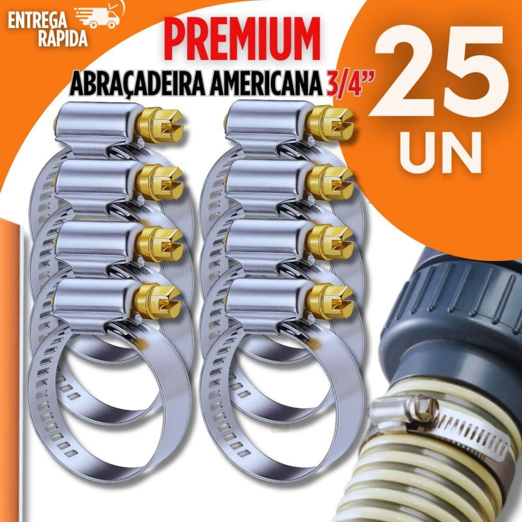 Kit 25 Abraçadeiras Americana 3/4 Inox Mangueira Gás e Jardim Premium Utilidades Qualidade Multiuso