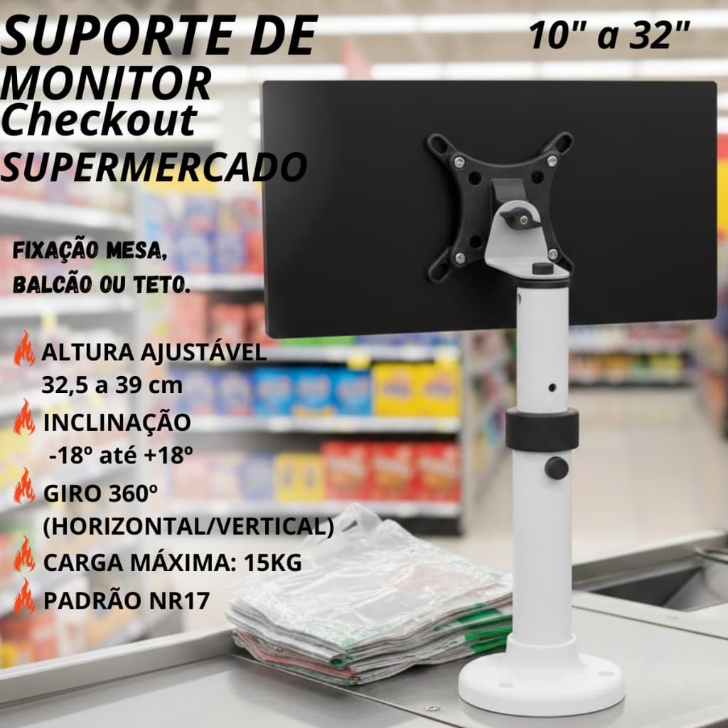 Suporte Monitor Universal Mesa Movel Teto Caixa Supermercado Checkout Giro 360º com Inclinação 10''-32'' Até 15 kg