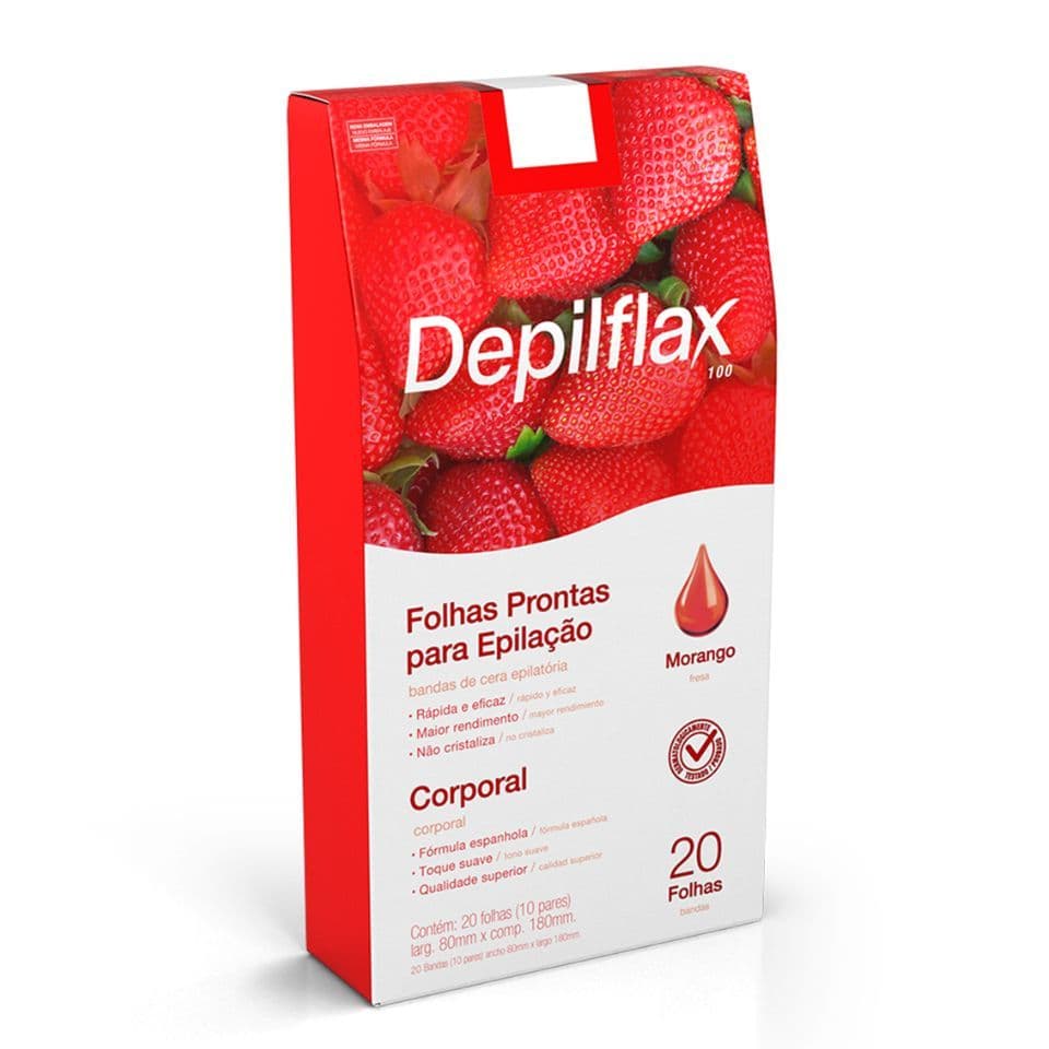 FOLHAS PRONTAS CERA DEPILATÓRIA CORPORAL 20 UNIDADES MORANGO DEPILFLAX