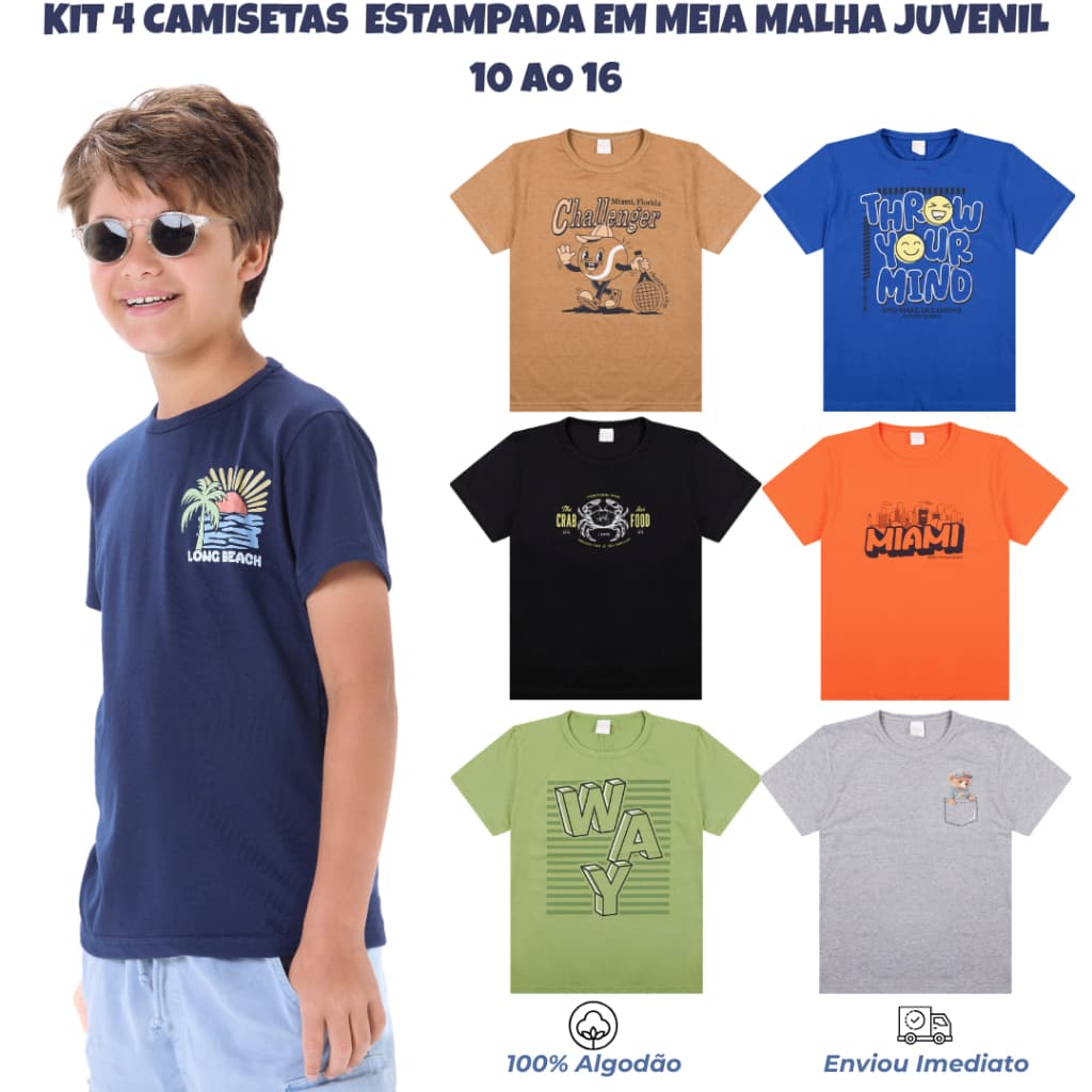 Kit Sortido 4 Camisetas Menino Manga curta Meia Malha Estampada 100% algodão