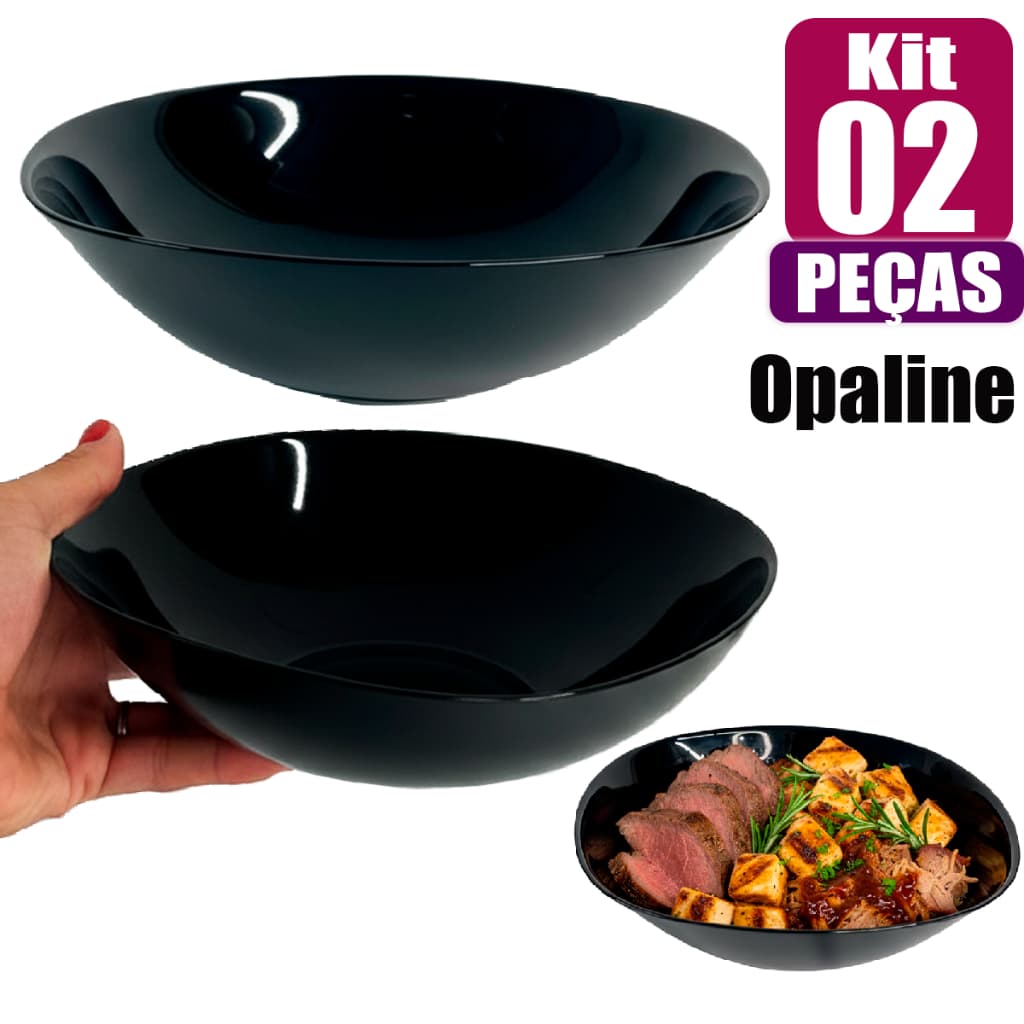 Kit Jogo de 2 Tigelas Quadrada 1,4 Litros 02 peças Bowl Preta Black Opaline Resistente