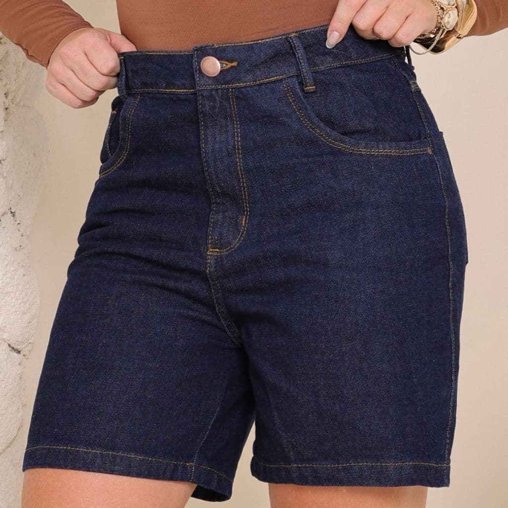 Bermuda Jeans Feminina Mom Cintura Alta Escura Casual