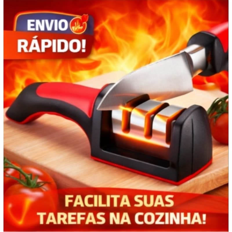 Afiador Amolador de Facas em Aço Inox com 3 Afiadores Base Emborrachada Linha Profissional